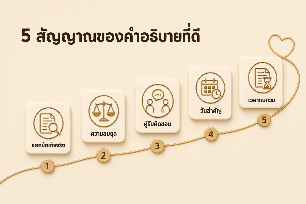 แผนภาพสรุป 5 สัญญาณของคำอธิบายเงื่อนไขที่ดี ได้แก่ แยกข้อเท็จจริง ความสมดุล ผู้รับผิดชอบ วันสำคัญ และเวลาทบทวน