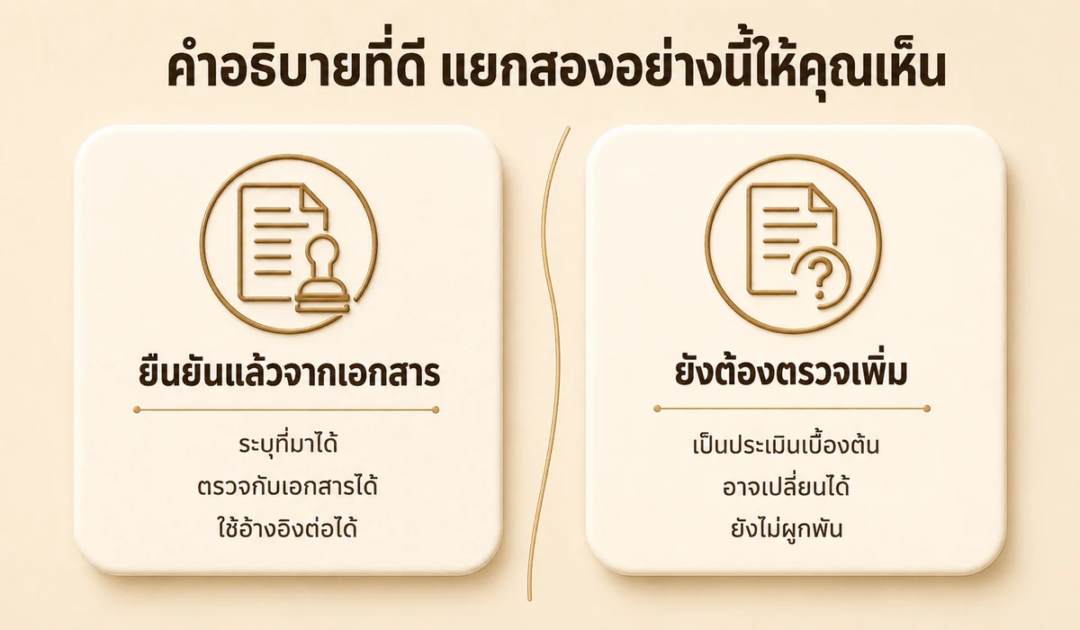 แผนภาพเปรียบเทียบข้อมูลที่ยืนยันแล้วจากเอกสาร กับข้อมูลที่ยังต้องตรวจสอบเพิ่ม