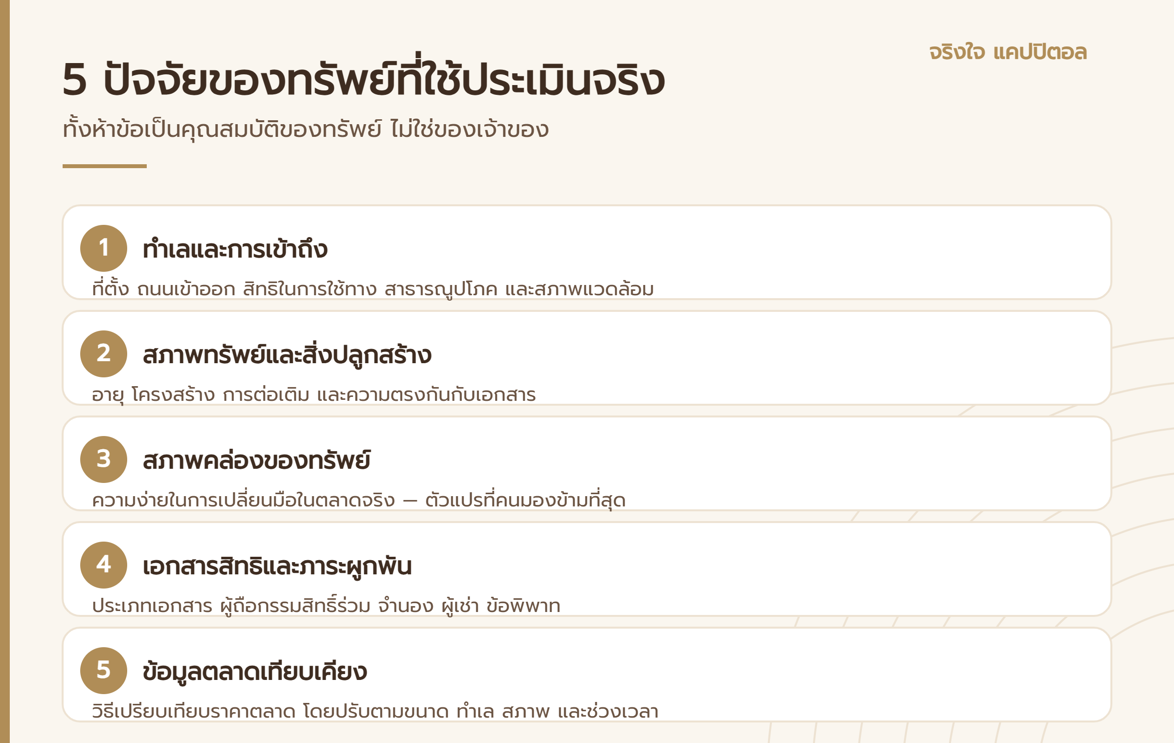 อินโฟกราฟิก 5 ปัจจัยประเมินราคาทรัพย์ ทำเล สภาพทรัพย์ สภาพคล่อง เอกสารสิทธิ ข้อมูลตลาด